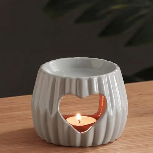 Produktbild: Gwezmxs Grau Herzförmig Duftlampe für ätherische öle, Duftlampe Teelicht, DuftöL Lampe, Duftlampe Keramik, Stövchen für DuftöLe, Essential Oil Burner, 10x8cm