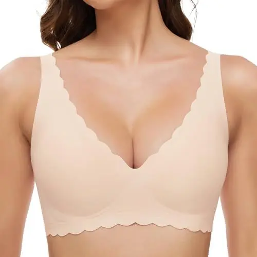 Produktbild: GXOULRRA Komfort Tief V BH Damen ohne Bügel Nahtloser Bügelloser BHS Klassische Soft Bustier Seamless T Shirt Bequem Bralette mit zusätzlicher Beige M