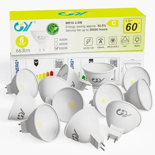 Produktbild: GY GU5.3 LED Kaltweiss Lampe, 12V MR16 LED 4,5W 663 Lumen 6500K Kaltweiß, 60W Halogenlampe ersetzt, AC/DC Flimmerfrei Led, Abstrahlwinkel 120° Leuchtmittel, Nicht Dimmbar Energiesparlampe, 12 stück