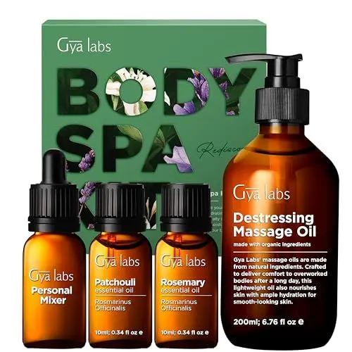 Produktbild: Gya Labs Body Spa Kit (4er-Set) – Natürliche Düfte von Vanille, Patschuli und entspannendem Massageöl für die Massagetherapie – Set mit ätherischen Ölen für zu Hause, Spa für mehr Körperentspannung