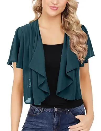 Produktbild: Gyabnw Damen Bolero Chiffon Jacke Transparente Schicke Boleros Festlicher Bolerojacke Kurzarm Sommer Blazer Jäckchen Spitze Bolero für Abendkleider Hochzeit, Dunkelgrün(X), XXL