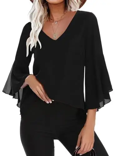 Produktbild: Gyabnw Damen Chiffon Bluse Volantärmeln Tunika 3/4 Arm Elegant Chiffontunika Festlich Chiffon Bluse V Ausschnitt Oberteill mit Trompetenärmeln Schwarz XXL