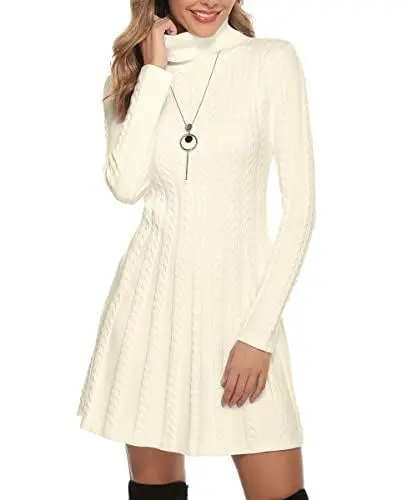 Produktbild: Gyabnw Damen Strickkleid Rollkragen Winterkleid Elegante A-Linie Knielanges Kleid Pulloverkleid Zopfmuster Minikleid Strickpullover für Party Cocktail Freizeit, Aprikose-Rollkragen, XS