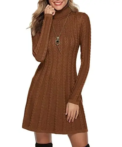 Produktbild: Gyabnw Damen Strickkleid Rollkragen Winterkleid Elegante A-Linie Knielanges Kleid Pulloverkleid Zopfmuster Minikleid Strickpullover für Party Cocktail Freizeit, Braun-Rollkragen, S