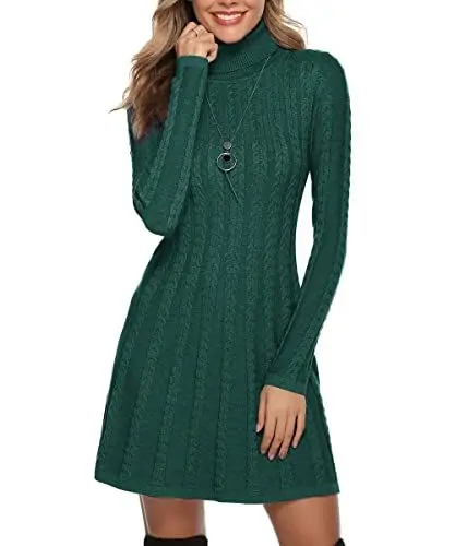 Produktbild: Gyabnw Damen Strickkleid Rollkragen Winterkleid Elegante A-Linie Knielanges Kleid Pulloverkleid Zopfmuster Minikleid Strickpullover für Party Cocktail Freizeit, Grün-Rollkragen, M