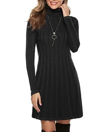 Produktbild: Gyabnw Damen Strickkleid Rollkragen Winterkleid Elegante A-Linie Knielanges Kleid Pulloverkleid Zopfmuster Minikleid Strickpullover für Party Cocktail Freizeit, Schwarz-Rollkragen, XL