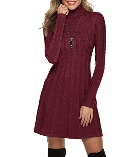 Produktbild: Gyabnw Damen Strickkleid Rollkragen Winterkleid Elegante A-Linie Knielanges Kleid Pulloverkleid Zopfmuster Minikleid Strickpullover für Party Cocktail Freizeit, Weinrot-Rollkragen, L