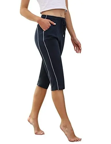 Produktbild: Gyabnw Jogginghose Damen 3/4 Sporthose Baumwolle Trainingshose Sweathose Bündchen Streifen Freizeit Capri Hose B-Marineblau,L