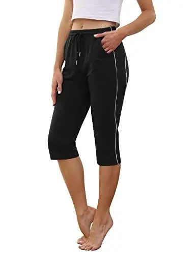 Produktbild: Gyabnw Sporthose Damen 3/4 Jogginghose Sommer Trainingshose Streifen Freizeit Capri Hose mit Tasche B-schwarz,M
