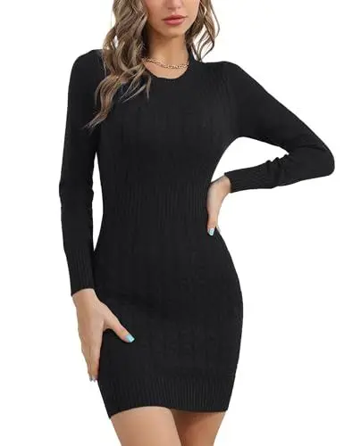 Produktbild: Gyabnw Pulloverkleid Damen Winter Rundhals Langarm Strickkleid Einfarbige Winterkleid Elegante Pulli Minikleid, Schwarz L