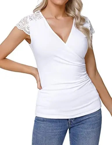 Produktbild: Gyabnw Oberteile Damen Kurzarm mit V-Ausschnitt und Spitzenrand Sommer Bluse mit Elegantem Look
