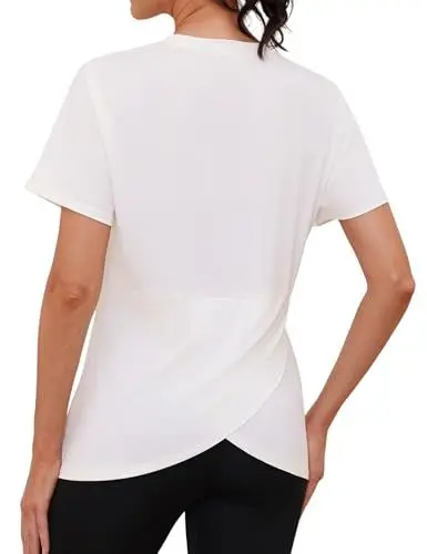 Produktbild: Gyabnw Yoga Tshirt Damen Kurzärmelig Rundhals Rücken überkreuzt Leicht Feuchtigkeitsableitend Lockere Sport Yoga Oberteile