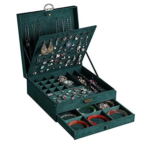 Produktbild: GYJOYERO Schmuckkästen für Damen 3 Schichten großer Schmuck-Organizer Aufbewahrungsbox für Ohrringe Halsketten Ringe Armbänder Schmuckhalter abschließbar Schmuckkästchen (grün)