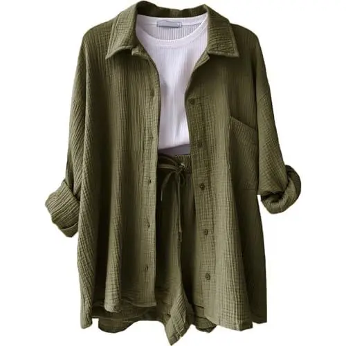 Produktbild: Gym Outfit Damen Set Sommer Kleidung Yoga Kleidung Damen Damen Outfit Sommer Aesthetic Bekleidung Tennis Outfit Damen Sommer Outfit Damen Outfit Damen Set Elegant Sommer Set Damen（3-Army Green,M