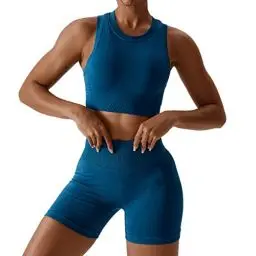 Produktbild: Gym Set Damen Zweiteiler Frauen Sport BH Oberteile Crop Tops+High Waist Shorts Workout Outfit Yoga Kleidung Sportanzug Sportkleidung Fitness Bekleidung Sportsachen Trainingsanzug Dunkelblau Shorts S