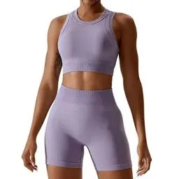 Produktbild: Gym Set Damen Zweiteiler Frauen Sport BH Oberteile Crop Tops+High Waist Shorts Workout Outfit Yoga Kleidung Sportanzug Sportkleidung Fitness Bekleidung Sportsachen Trainingsanzug Lila Shorts M