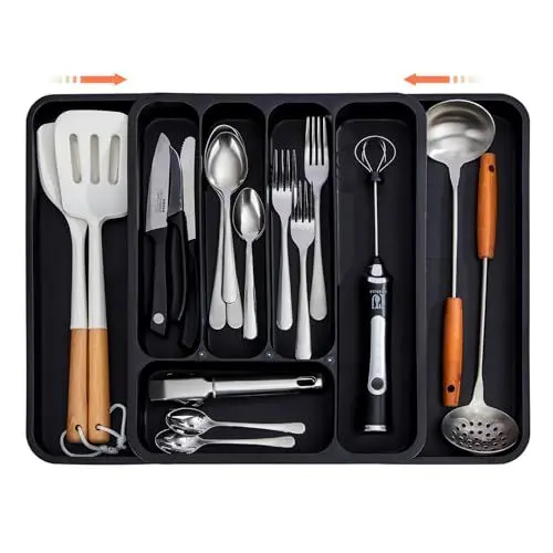 Produktbild: Gymdin Besteckkasten für Schubladen, 7 fächer, Erweiterbarer Kunststoff Besteckkasten, Schubladen Organizer Küche für löffel/gabel/messer, Besteckeinsatz für Küchenschubladen, Schwarz DE GM