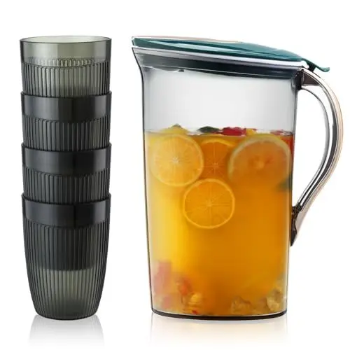 Produktbild: Gymdin Grüner Wasserkaraffe mit Deckel und 4 Tassen, 70.6OZ/2.1L Plastik Karaffe, kalt gebrühter wasserkrug mit breitem Griff, BPA Free wasserkaraffe bruchsichere karaffen für Eistee & Saft Water Jugs