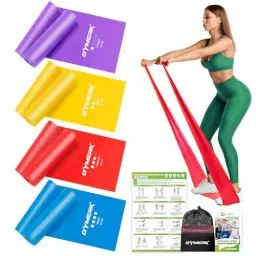 Produktbild: GYMERK Fitnessbänder Set 4er, 1.8M Fitnessband, 4 Widerstandsstufen mit Übungsposter, Gymnastikband mit Tragetasche & Übungsanleitung, Ideal für Yoga, Pilates, Muskelaufbau, Physiotherapie