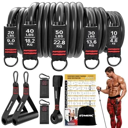 Produktbild: GYMERK Resistance Bands Set, Expander Fitness Mit Gummigriffe, Trainingsplakat, Knöchelriemen, Türanker, Tragtasche, 5er Verschiedene Widerstandsstufen Ideal für Krafttraining Physiotherapie