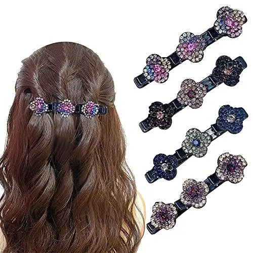 Produktbild: GYUANLAI 4Pack Drei Blumen Seite Haarspange, Strass Blume Geflochten Haarspangen für Frauen Haarstyling Zubehör