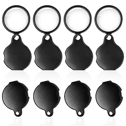 Produktbild: GZkushi 8 Stück Mini Lupe Licht Lupen Glas Leselupe 5 Fach Vergrößerung mit Drehbar Schutztasche Holster für Lesen Karten Etiketten Basteln Insekten