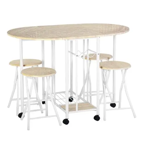 Produktbild: GZTGZMWG Bartisch mit Barhocker Set,Esszimmer Küche Stühle,Holz 5-Piece Set Für Küche,Esszimmer,Outdoor,Bartisch 109×69×75.5 cm,4 Barhocker 30×30×46 cm,(Oak+Weiß Rahmen)