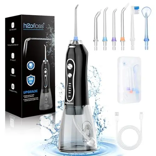 Produktbild: H2ofloss Wasserseide für Zähne, tragbare Munddusche mit 5 Modi, wiederaufladbar, IPX7, wasserdicht, kiefergerecht, Zahnreiniger, Pick, kabellos, für Zuhause, Reisen, 300 ml Wassertank