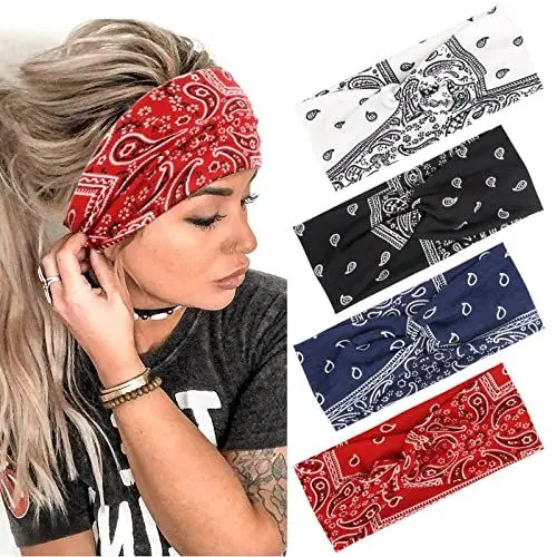 Produktbild: Haarbänder Damen Breite Elastische Weiche 4 Pcs Sommer Boho Stirnband Print Haarschmuck Yoga Sport Haarband Mehrfarbig Dünn Stirnbänder