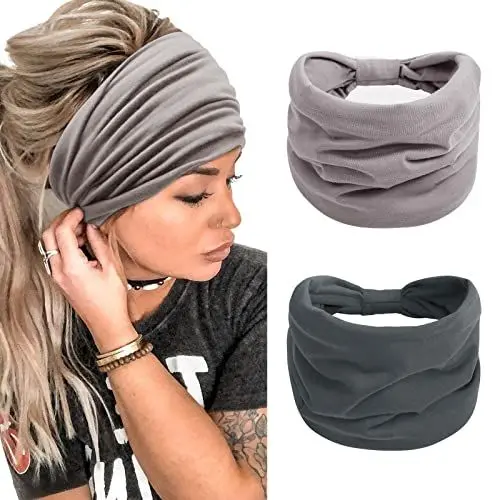 Produktbild: Haarband Damen Extra Breit Stirnband Boho Haarbänder Yoga Knot Stirnbänder Sport Elastische Haarschmuck （Dunkelgrau + Hellgrau）