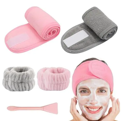 Produktbild: Haarband Kosmetik, 7 Stück Kosmetik Stirnband Spa Haarbänder Haarschutzband Klettverschluss mit Handgelenk Waschbänder Maskenpinsel Silikon Set für Gesicht Sport Yoga