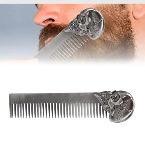 Produktbild: Haarkamm Öl-Haarstyling-Federkamm Taschen-Bartkamm Zinklegierung Totenkopf-Muster Haarbürste für Männer Verwendung für Kopfhaar oder Bart Tragbares Haarstyling-Werkzeug für Den(Silber-)