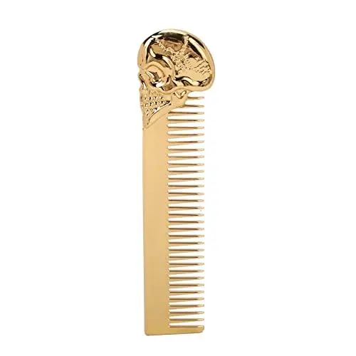 Produktbild: Haarkamm Öl-Haarstyling-Federkamm Taschen-Bartkamm Zinklegierung Totenkopf-Muster Haarbürste für Männer Verwendung für Kopfhaar oder Bart Tragbares Haarstyling-Werkzeug für Den(Gold)