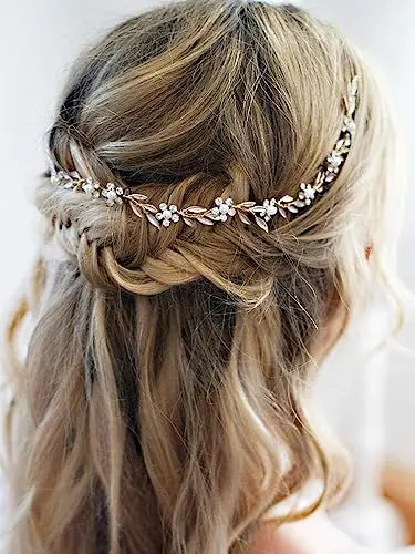 Produktbild: Haarschmuck Hochzeit Boho Braut Haardraht Damen Kommunion mit Blätter Kristall Brautschmuck Haare Blumen Kopfschmuck für Frauen Brautjungfer Mädchen - Gold