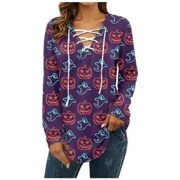 Produktbild: Haarspray Halloween Top Mädchen Overzised Pullover Herbst Hausanzug Hexe Soft Lose Sexy Pullover Damen Binde Langarm V Ausschnitt Dünne Lila