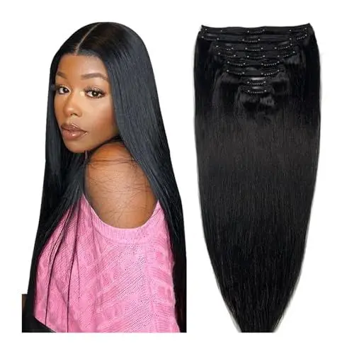 Produktbild: Haarverlängerung 14-26 Zoll Clip-in-Echthaarverlängerungen for den ganzen Kopf, 8 Stück, 18 Clips, natürliches Schwarz, doppelter Schuss, brasilianisches Echthaar, Remy-Haarverlängerung, dick, gerade,