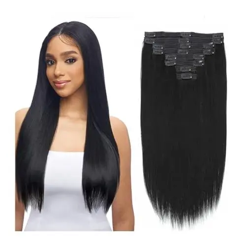 Produktbild: Haarverlängerung Gerade Clip-in-Haarverlängerungen for schwarze Frauen, brasilianische Echthaarverlängerungen, 8 Stück, Remy-Haarverlängerung, Clip-in-Echthaar mit 18 Clips, doppeltem Spitzeneinschlag