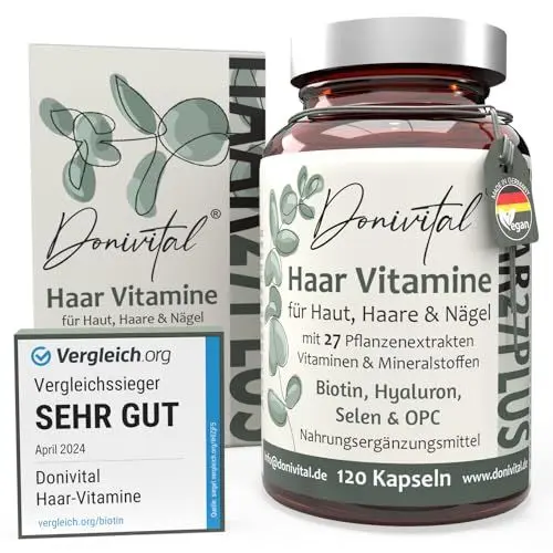 Produktbild: Haar-Vitamine Testnote SEHR GUT - 27 Wirkstoffe - Hochdosiert Biotin Zink Selen zum Erhalt normaler Haare. Hyaluron Hirseextrakt alle B-Vitamine. 120 Kapseln für Frauen, Männer & Bart - Vegan