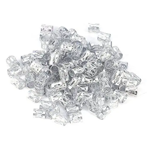 Produktbild: 100 STÜCKE Flechten Perlen Metall Manschetten, Neue Bunte Dreadlocks Perlen Haar Zopf Ringe Clips Dread Locks, Ringe Manschette Haar Dekoration Flechten Filigrane Rohr Haarschmuck(Silber)