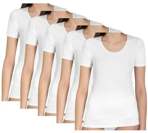 Produktbild: HAASIS Bodywear Damen Rundhals Shirt aus Feinripp, GOTS Zertifiziert·· 5er Pack, 100% Baumwolle KBA, Größe:40, Farbe:weiß