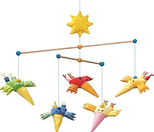 Produktbild: HABA 1103 Mobile Zwitscherlinge, Baby-Mobile zum Aufhängen mit 5 abnehmbaren Vögeln aus Stoff und gelber Sonne, Baby-Spielzeug ab 6 Monaten