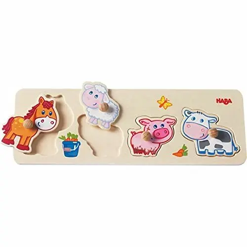 Produktbild: HABA 301939 - Greifpuzzle Bauernhof-Tierkinder, 4-teiliges Holzpuzzle mit Tiermotiven und großen Holzknöpfen zum Greifen, Holzspielzeug ab 12 Monaten