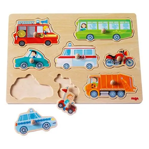 Produktbild: HABA 301940 - Greifpuzzle Fahrzeug-Welt , Holzspielzeug ab 12 Monaten , 8-teiliges Puzzle aus Holz mit bunten Fahrzeugmotiven , Mit großen Knöpfen zum Greifen