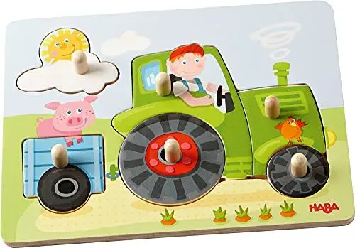 Produktbild: HABA 302535 - Greifpuzzle Peters Bauernhof, 6-teiliges Holzpuzzle mit großen, griffigen Holzknöpfen, Holzspielzeug ab 12 Monaten