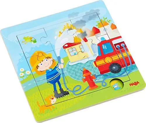 Produktbild: HABA 303770 - Holzrahmen-Puzzle Feuerwehr, 9-teiliges Holzpuzzle mit Feuerwehr-Motiv, Holzspielzeug ab 18 Monaten
