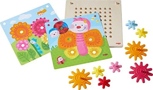 Produktbild: HABA 303871 - Zahnradspiel Tiere im Garten , Motorikspielzeug mit 4 verschiedenen Hintergrundbildern und bunten Zahnrädern zum Zusammenstecken , Spielzeug ab 2 Jahren