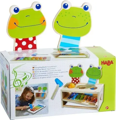 Produktbild: HABA 304271 - Klang-Klopfbank Froschkonzert, Klopfbank und Metallophon mit Kugel und Schlägel, Spielzeug ab 2 Jahren