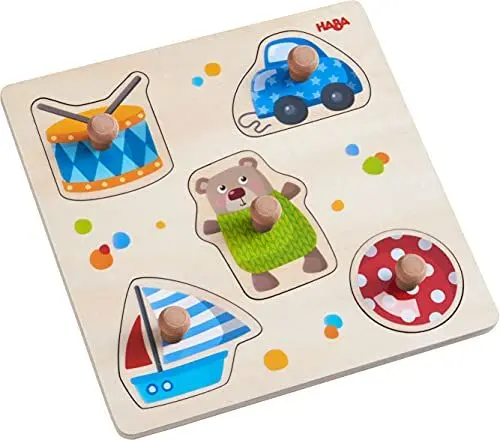 Produktbild: HABA 304608 - Greifpuzzle Spielsachen, 5-teiliges Holzpuzzle mit Spielzeug-Motiven und großen, griffigen Holzknöpfen, Holzspielzeug ab 12 Monaten