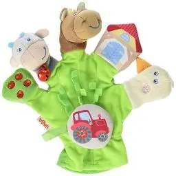 Produktbild: HABA 304933 - Spielhandschuh Bauernhof, weiche Fingerpuppen mit Bauernhofmotiven und Traktor zum Abnehmen, Baby-Spielzeug ab 18 Monaten