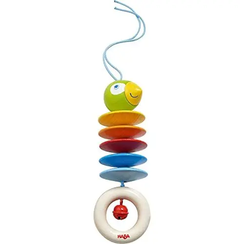 Produktbild: HABA 305230 - Hängefigur Papagei, Babyspielzeug für Babyschale, Spieltrainer, Kinderbett und Kinderwagen, mit Glöckchen, Holzspielzeug ab 6 Monaten